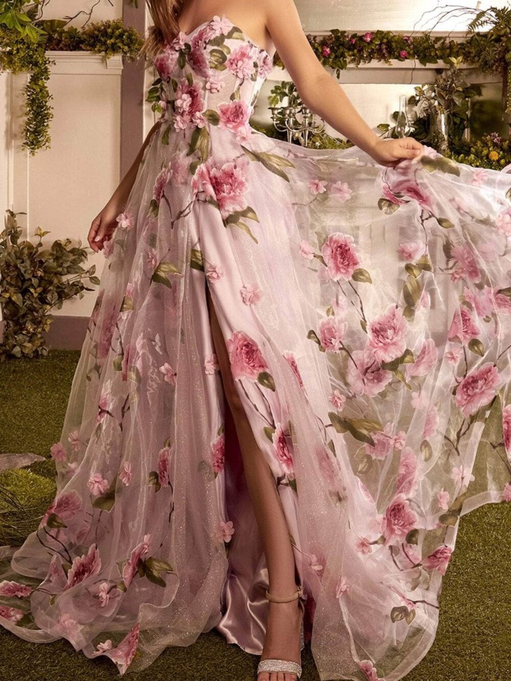 Strapless Pink Floral Prom Dress with Flowing Skirt